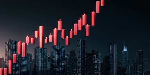 Obraz premium Abstract cityscape with stock market candlestick chart, symbolizing growth and investment opportunities