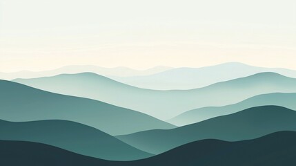 Mountainous landscape with layered hills and soft gradients under a serene sky at dawn