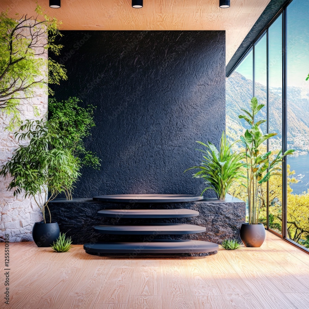 Poster modern minimalist product display platform with greenery and mountain view