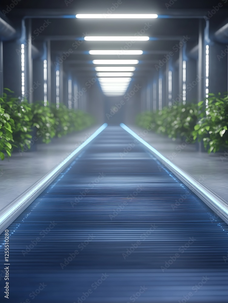 Poster a futuristic corridor lined with glowing lights and greenery creates a serene, high-tech atmosphere.