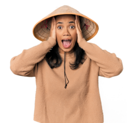 Young Filipina with Vietnamese hat screaming, very excited, passionate, satisfied with something.