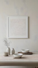 A soft beige Japandi dining space with handcrafted ceramics and a white frame as a focal point.