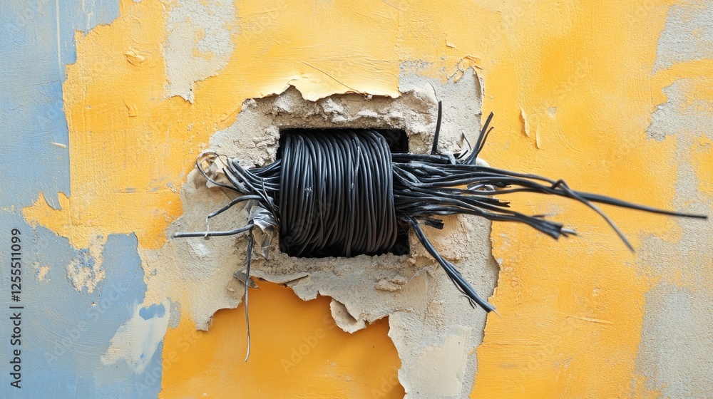 Poster a bundle of neatly insulated wires with black electrical tape, passing through a hole in the wall, h