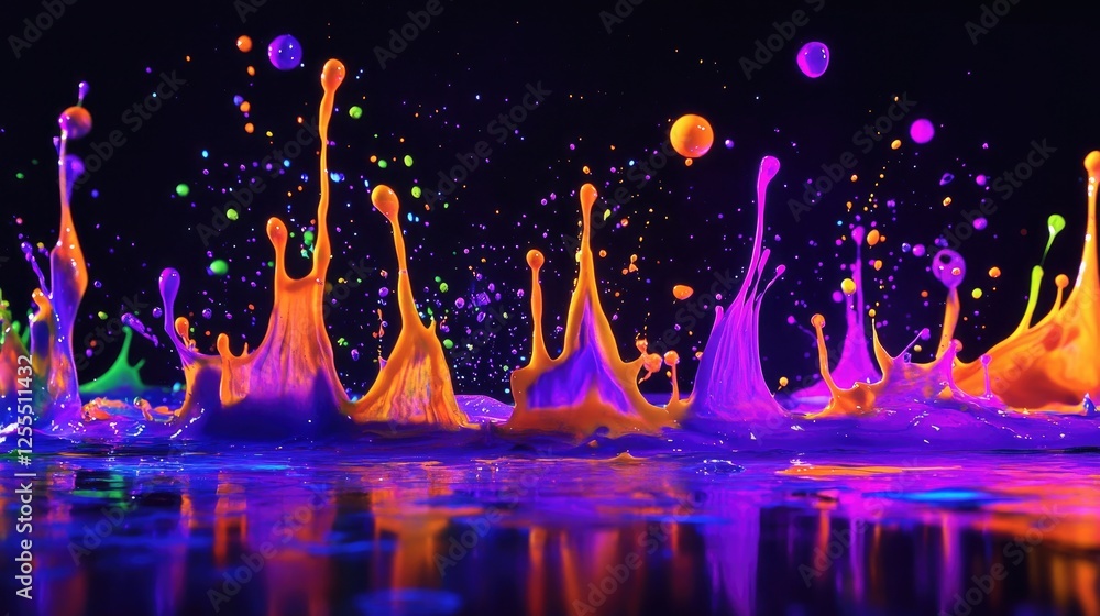 Poster a burst of neon-colored paint splashing under blacklight, glowing in vivid, otherworldly hues, creat