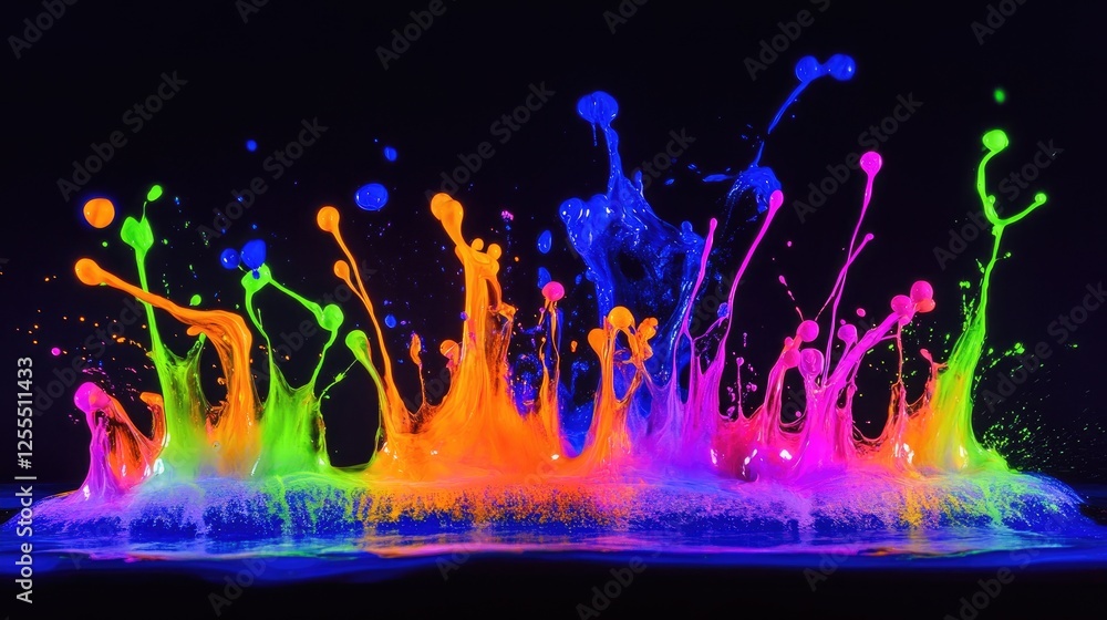 Poster a burst of neon-colored paint splashing under blacklight, glowing in vivid, otherworldly hues, creat