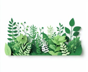 Obraz premium Paper Cut Green Foliage: A vibrant collection of intricately cut paper leaves and plants creates a lush, green border, showcasing the beauty of nature through an artistic, paper craft design.
