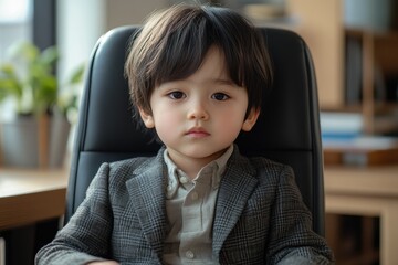 A cute toddler boy in a suit sits in a black leather office chair, looking directly at the camera with a serious expression.