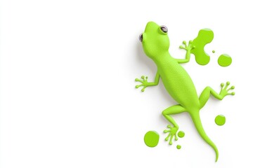 Fototapeta premium Bright green lizard on a white background with paint splatters, playful design