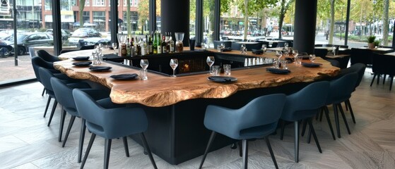 Modern Restaurant Interior with Live Edge Wood Bar and Dark Chairs