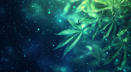 Glowing Cannabis Leaves Against a Cosmic Background