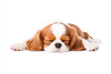 Sleepy Cavalier King Charles Spaniel Puppy Resting on White Background