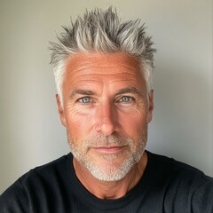 Obraz premium Portrait of a Mature Man with Gray Hair and Blue Eyes in a Black T Shirt Studio Setting Closeup