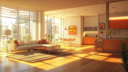 Modern apartment interior with bright sunlight streaming through large windows in urban setting