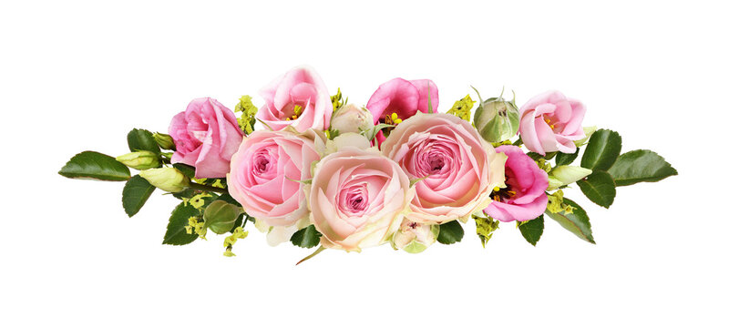 Pink roses and eustoma flowers with yellow limonium in a line floral arrangement isolated on white or transparent background