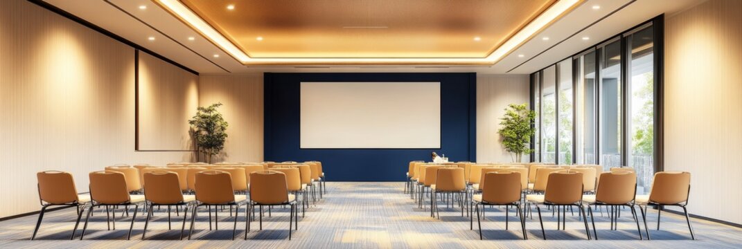 Modern Conference Room Setup:  A spacious and well-lit conference room, ready for a presentation or meeting.  The room features rows of neatly arranged chairs facing a large projection screen.
