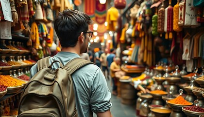 Fototapeta premium a young traveler with a backpack exploring a vibrant marketplace filled with colorful spices, textiles, and handcrafted goods. The market is bustling with people, and warm lighting enhances the rich c