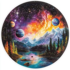 Cosmic landscape featuring vibrant planets over a serene mountain lake at dusk