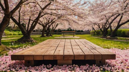 Fototapeta premium Wooden Platform Amidst Blooming Cherry Blossoms in a Spring Garden