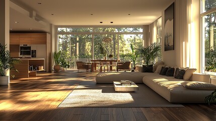 Contemporary living room with large windows and natural light in a forest setting during daytime