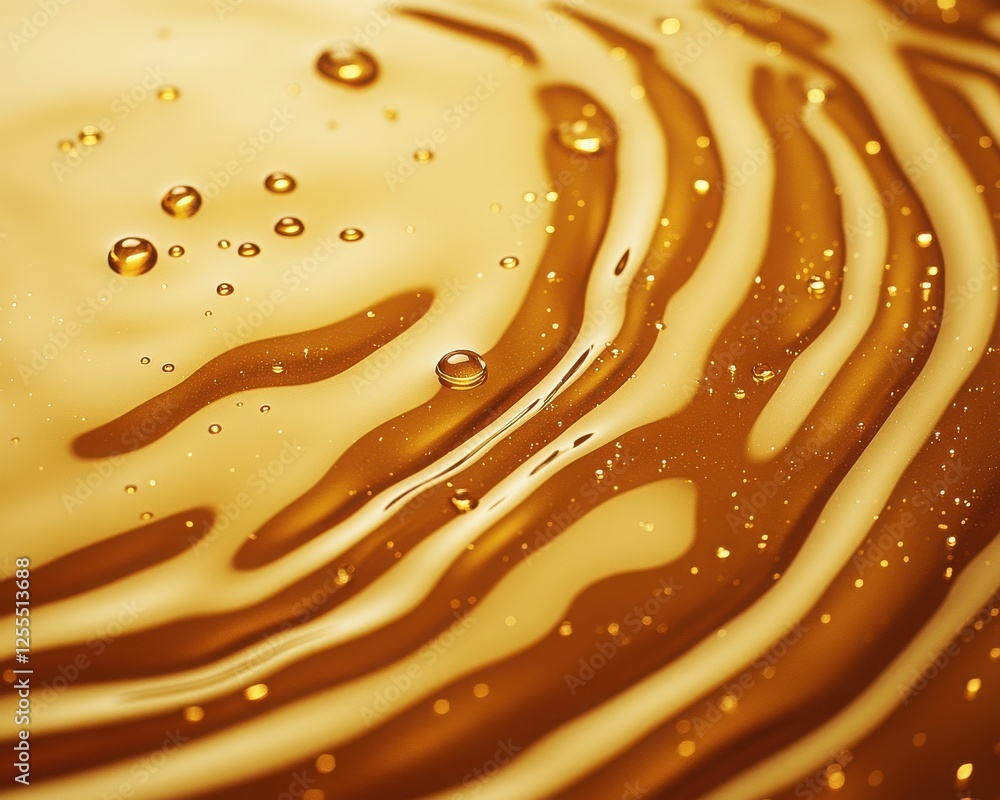 Poster close-up of a golden liquid with bubbles and smooth ripples, creating an abstract and refreshing vis