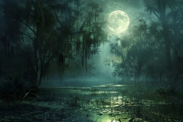 Obraz premium Mysterious Night in a Tranquil Swamp Illuminated by a Full Moon and Surrounded by Lush Vegetation
