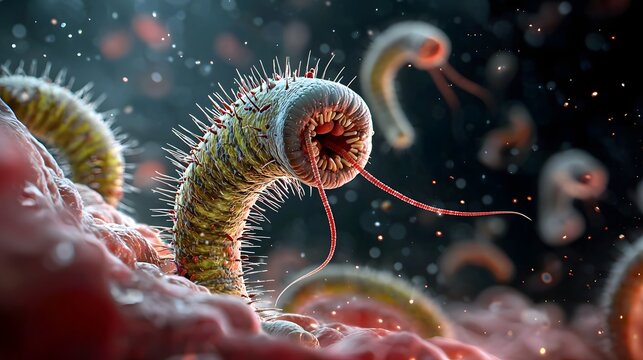 Detailed macro close up view of a parasitic hookworm specimen attached to the inner walls of the intestine  The slimy