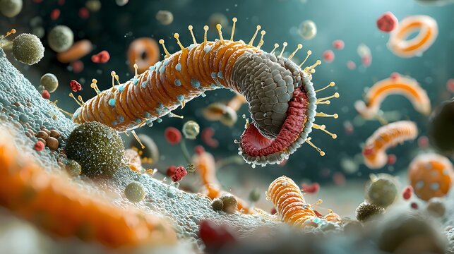Detailed microscopic view showcasing the intricate structure and segments of a tapeworm parasite residing within the human intestinal system