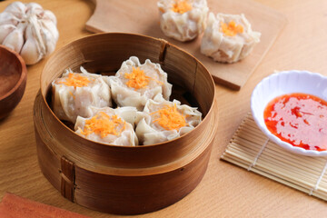 Steamed Siu Mai in Bamboo Steamer with Chili Sauce
