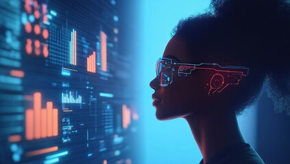 Woman wearing AR glasses viewing data.