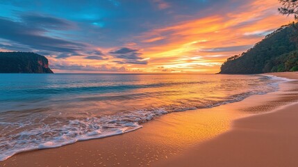 Fototapeta premium Sunrise over exotic coastline beach landscape tranquil environment serene viewpoint nature photography