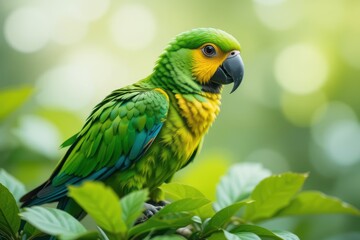 Obraz premium Yellow-lored Amazon Parrot Perched on Green Leaves