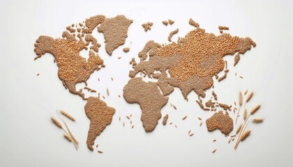 World map made of wheat grains on white background