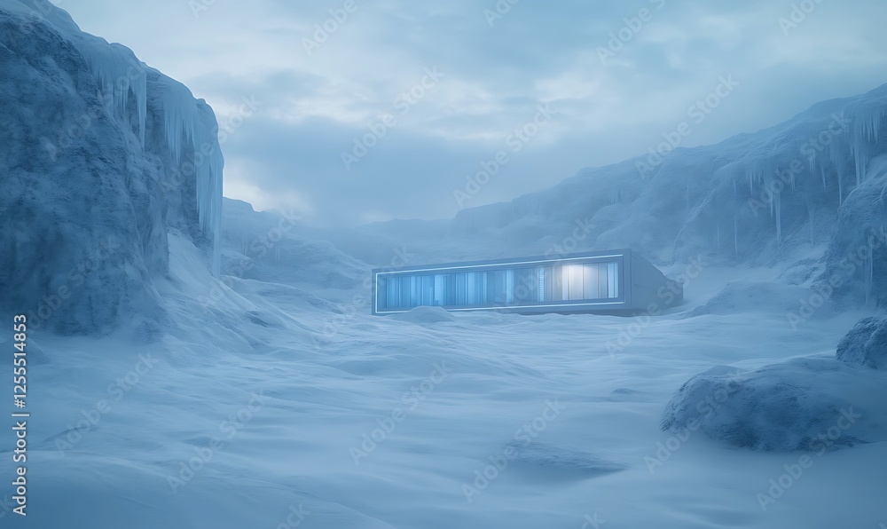Poster a futuristic structure emerges from a snowy landscape, surrounded by icy terrain and mist under a cl
