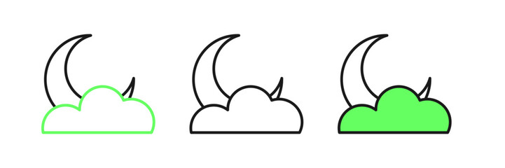 Set line Moon and stars icon isolated on white background. Cloudy night sign. Sleep dreams symbol. Full moon. Night or bed time sign. Vector