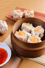 Steamed Siu Mai Dumplings in Bamboo Steamer