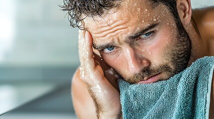 Obraz premium Exhausted middle aged man drying his face with a towel in front of a bathroom mirror looking pensive and lost in thought reflecting on his day or emotions