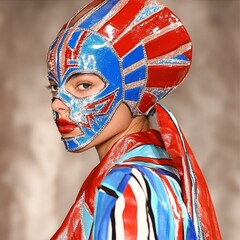 Striking Luchador Masked Woman in Red White and Blue Costume Artistic Fashion Portrait