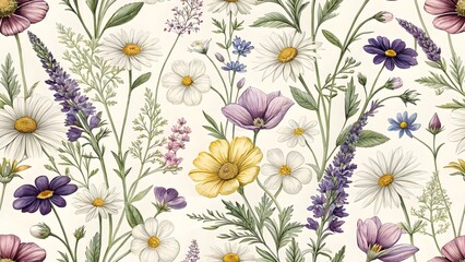 Seamless Watercolor Floral Pattern, Flower Background, Decorative Botanical Textile Design