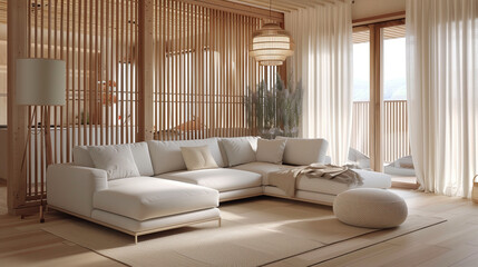Fototapeta premium modern japandi living room light wood paneling white sofa bamboo minimalist natural sunlight