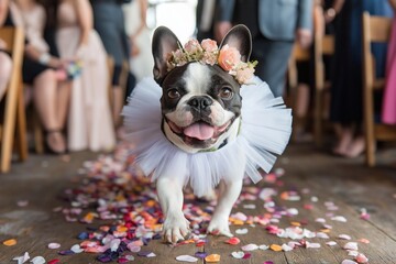 Happy and joyful French Bulldog wearing flower crown and white tutu, walking down aisle full of confetti at indoor wedding ceremony against guests in colorful dresses sitting behind it. Funny dog.