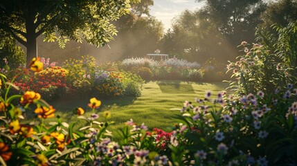 Tranquil Garden Scene of Diverse Blooms with Lush Green Lawn and Foggy Sunlight in the Distance