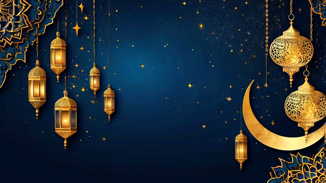 Elegant Crescent Moon and Lanterns, Ramadan background