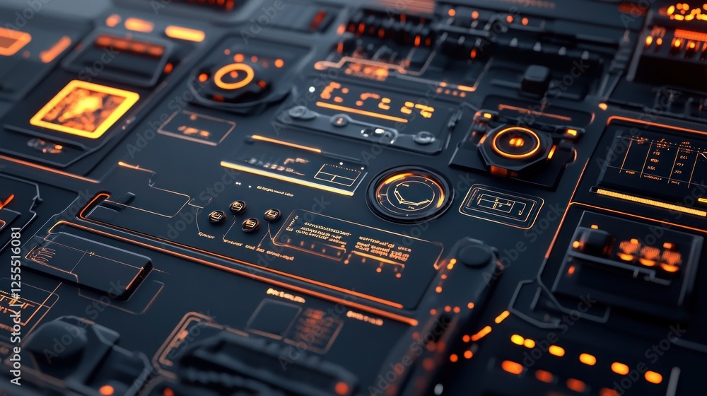 Poster futuristic interface panel with glowing elements, hi-tech control system