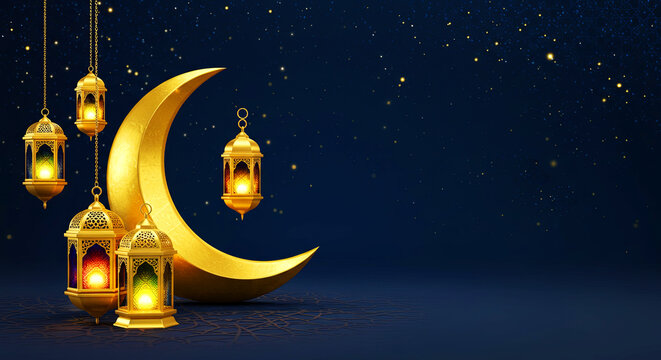 Elegant Crescent Moon and Lanterns, Ramadan background