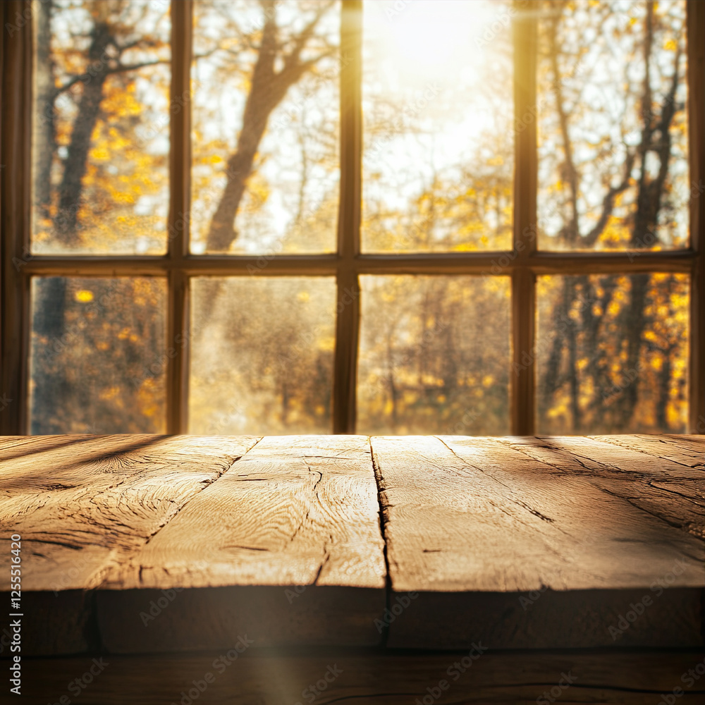 Aufkleber wooden table against the background of a window in autumn in 3d style for product presentation and a