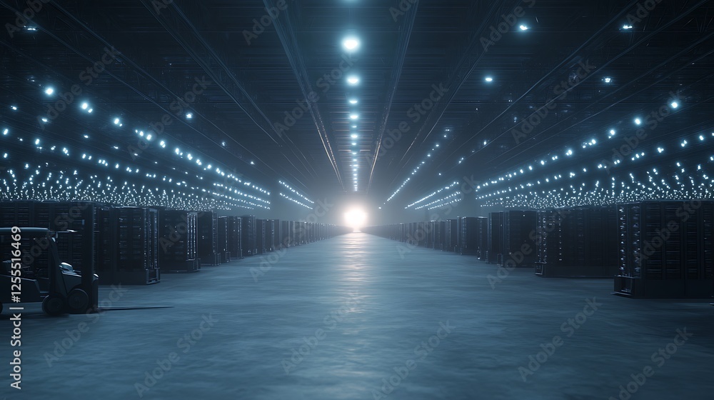 Poster a vast, dimly lit warehouse corridor with bright lights at the end, creating a sense of depth and in