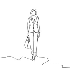 Business woman line art illustration. Continuous single line drawing of woman walking in blazer suit. Vector art illustration.