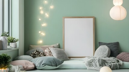 A soft pastel green room with delicate fairy lights, cozy cushions, and a framed blank canvas