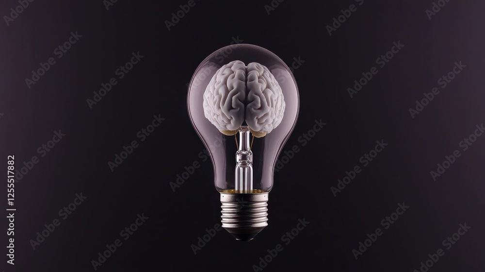 Poster lightbulb with brain inside on dark background