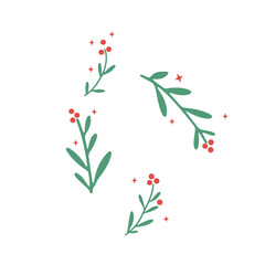 Three green branches with white berries and sparkles on a green background, minimalist design, simple botanical illustration , festive holiday theme , clean and modern aesthetic